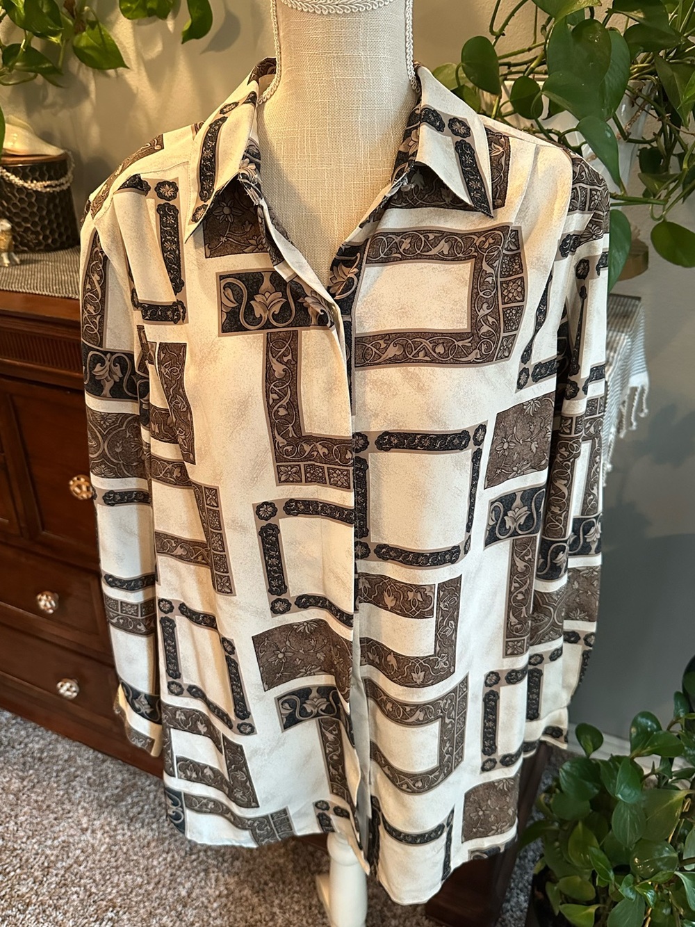 Alfred Dunner Cream and Brown Geometric Print Button-Down Shirt